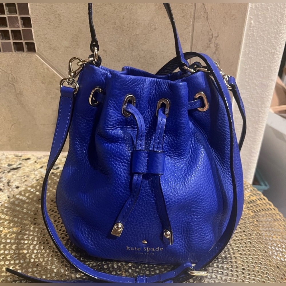 Kate Spade Blue Leather Drawstring mini bucket bag and matching wallet